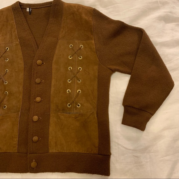 Vintage Oversized Knit Cardigan Sweater with Suede Panels and Lace Up Detail - Picture 9 of 16